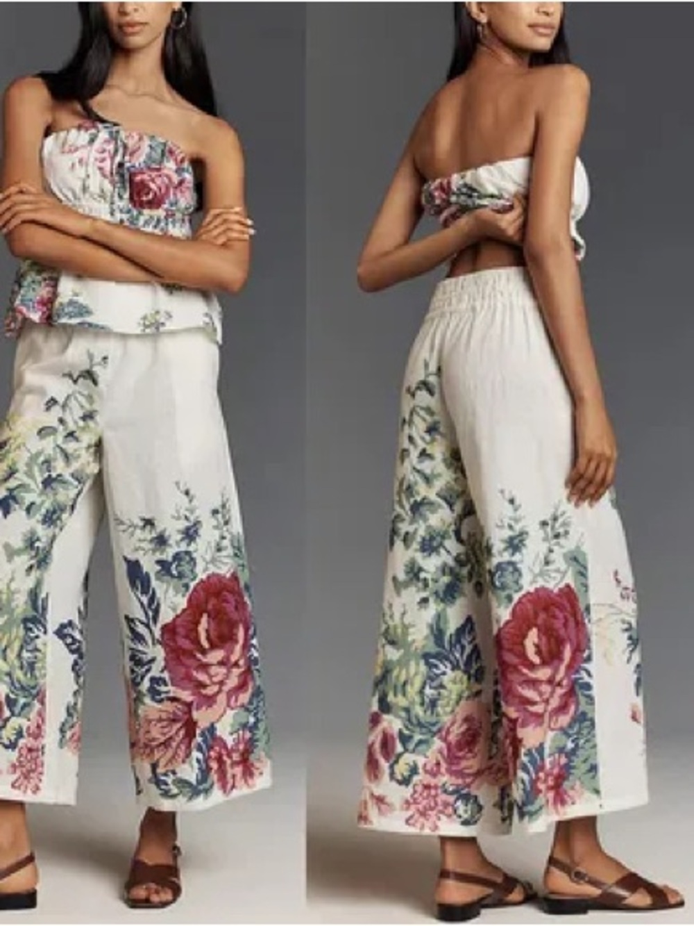 Floral Set Wide-Leg Linen Blend Pants - Pink & Blue Floral matching top